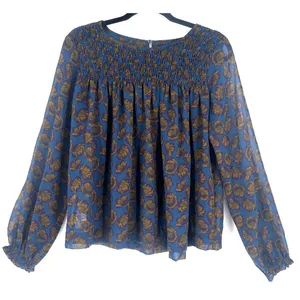 LOFT XS Floral Smocked Blouse Blue Mustard Purple Yoke‎ Keyhole EUC Flowy Fall thumbnail 9