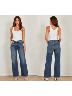 AYR $225 The Bomb Pop Women's W26 Blue Denim Jeans Med Wash Raw Hem Straight Leg thumbnail 2