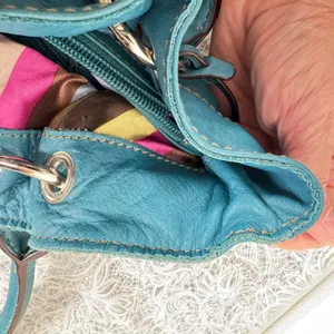 Tignanello Teal Blue Leather Tote Bag Satchel Striped Satin Lining Boho Slouchy thumbnail 9