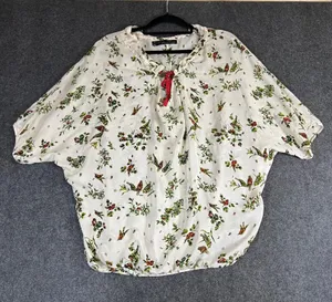 Patterson J Kincaid Silk Bird Print Blouse‎ Cream Red Tie Dolman Sleeve Medium thumbnail 1