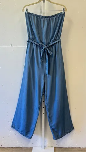 Forever 21 Strapless Lyocell Wide Leg Jumpsuit Medium Chambray‎ Belted Tube Blue thumbnail 1
