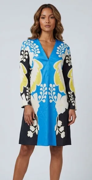 NWT Boutique Retro Graphic Floral Shift Dress 60s Mod V-Neck Long Sleeve Size L thumbnail 1