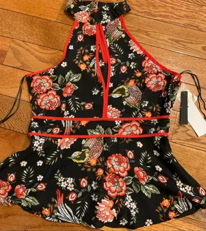 LILY black floral and bird design peplum /halter neck black sleeveless top M thumbnail 6