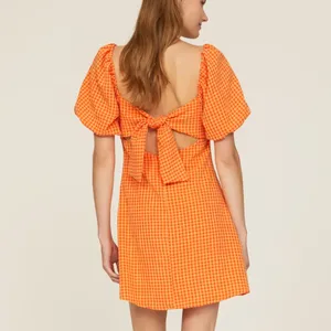 Louna Orange Gingham Mini Dress SMALL Peasant Puff Sleeve Milkmaid Cotton $108 thumbnail 2