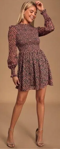 Lulus Floral Forever Green and Pink Floral Print Smoked Skater Dress Large NWOT thumbnail 1