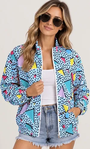 NWT Unisex 80s 90s Retro Windbreaker Jacket Geometric Memphis Print XL thumbnail 1