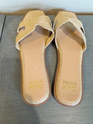 Woven Slide Sandals in Natural Straw madden size 11 rafia beige flat thumbnail 4