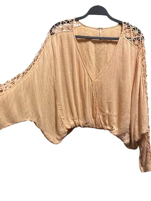 Free People Lace Sleeve Peach V-Neck Blouse Womens Size S thumbnail 4