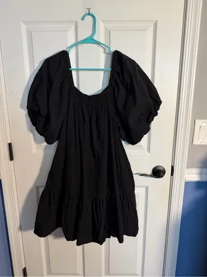 entro Black Smocked Waist Mini Dress with Puff Sleeves & Detailing Large thumbnail 2