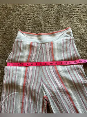 Striped Wide-Leg asymmetrical flowy bohemian Pants in Cream and Coral thumbnail 6
