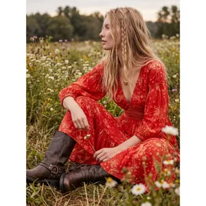 Free People Golden Hour Maxi Dress Cherry Red Large Bohemian Spring Floral 70s thumbnail 2