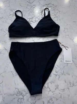 NWT Quince Black Italian V Neck Cut Bikini Top & High Rise Bottoms Size Small thumbnail 1