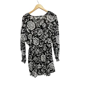 Zara Floral Print Ruffle Mini Dress Black White Long Sleeve V-Neck Size M NWT thumbnail 4