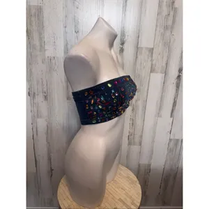 GJG Denim Bejeweled Tube Top Womens Small Multi Color Rhinestone Denim Bandeau thumbnail 4