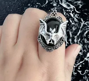 Bat Black Faux Gemstone Open Finger Adjustable Ring‎ Silver Plated Faux Fashion thumbnail 1