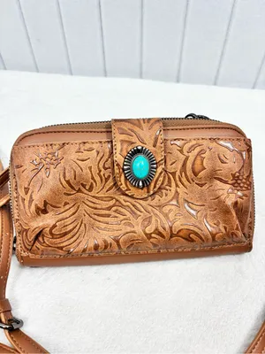 LAVAWA Tooled Brown Leather Crossbody Wallet with Turquoise Accent thumbnail 2