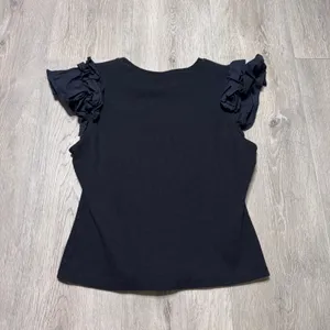 By Anthropologie Black Ribbed Knit‎ Ruffle Cap Sleeve Crew Neck Top Medium M thumbnail 3