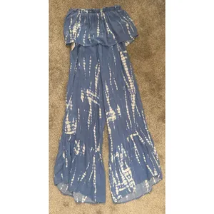 Japna NWT Strapless Tie Dye Jumpsuit XS Blue White Rayon Wide Leg Ruffle Boho thumbnail 7