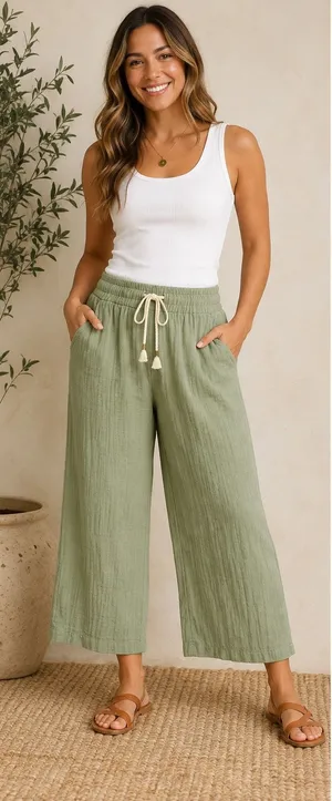 Old Navy XL Green Crinkle Gauze Wide Leg Crop Pants 100% Cotton Lagenlook Goblin thumbnail 1