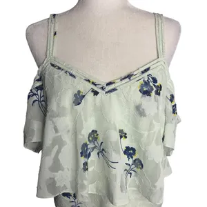 Lucky Brand Cold Shoulder Floral Blouse M Mint Green Flocked Ruffle Layers thumbnail 2