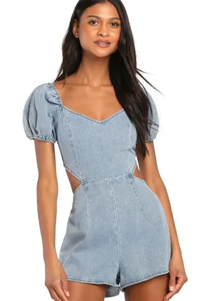 Lulus Blushing Beauty Light Wash Denim Puff Sleeve Romper size Large thumbnail 1