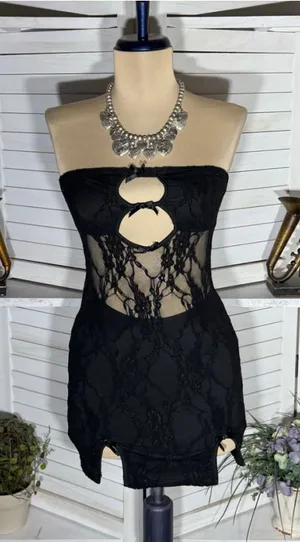 Vintage Y2K mini dress black mesh strapless cut out bodycon clubbing rave punk S thumbnail 1
