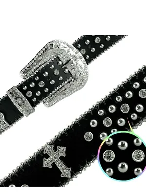 Western Black Leather Belt with Crystal Studded Rhinestones, Engraved Buckke thumbnail 2