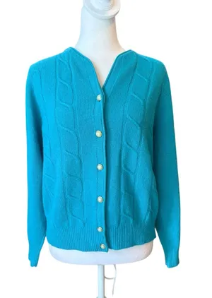 Petite Sophisticate Vintage Lambswool Angora Cardigan Sweater Teal Womens Small thumbnail 1