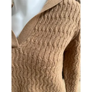 Theory V-Neck Dimensional Polo Wool Cashmere Brown Sweater Women's Size Small thumbnail 4