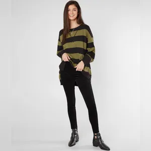 Free People Surfin On Your Stripes Sweater Top High Low Oversized Moss Size XS/S thumbnail 2