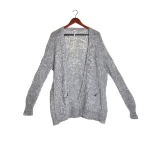 Free People Weekend Getaway Grey Ribbed Knit Alpaca Open Front Long Cardigan thumbnail 4