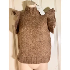 Zara Brown Wool Alpaca Blend Ruffle‎ Sleeve Knit Vest Sweater NEW S thumbnail 2