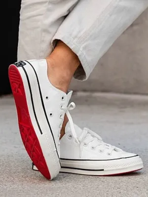 Converse unisex Chuck 70 low top patent leather white sneakers with red soles thumbnail 1