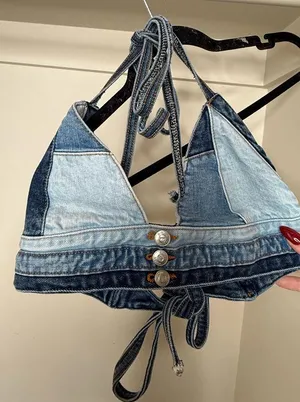 Denim Patchwork Halter Top Blue thumbnail 1