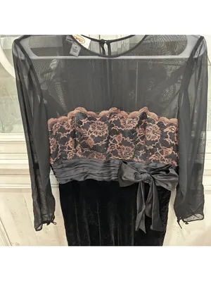 Vintage Talbots Black Velvet Lace Maxi Dress Sheer Mesh Bow Size 8 Dark Romantic thumbnail 6
