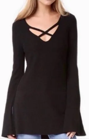Free People Womens V-Neck Black Long Sleeve Sweater Tunic Dress M‎ thumbnail 1