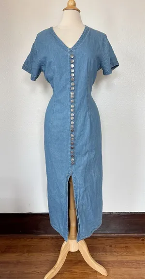Vintage 80s Western V-Neck Faux Button-Front Light Blue Denim Midi Dress thumbnail 1