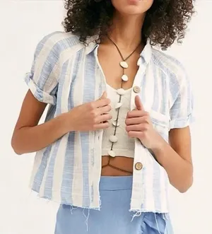 Free People We The Free Away At Sea Frayed Hem Button Down Striped Top L thumbnail 1