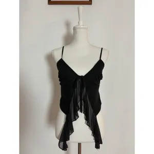Steel Mill Black Mesh Ruffle Front Cami Tie Crop Top Sz L Fairy Fairycore Grunge thumbnail 2