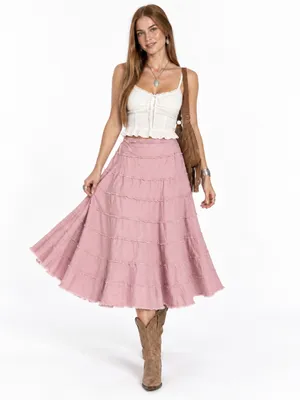 Metro Girl Pink Corduroy Tiered Midi Skirt Y2K Balletcore Raw Hem Size 10 Pastel thumbnail 3