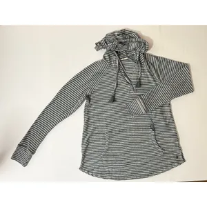 Roxy Women’s Gray & White Stripe Hoodie Pullover Medium V-Neck Kangaroo Pocket thumbnail 5
