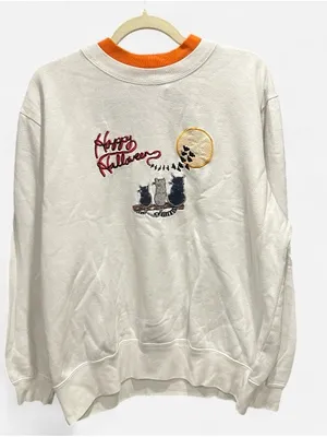 Vintage 90s Happy Halloween Grandma Sweatshirt Cats Cottagecore Large thumbnail 3