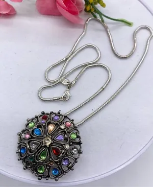 Silver Jeans Lightly domed colorful rhinestone pendant necklace brushed antique silver thumbnail 1