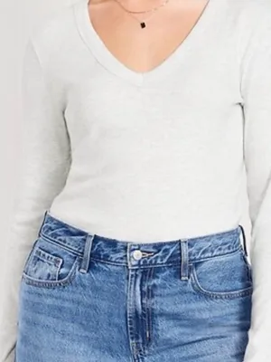 Old Navy White Ribbed V-Neck Long Sleeve Top XL Minimalist Clean Girl Casual thumbnail 3