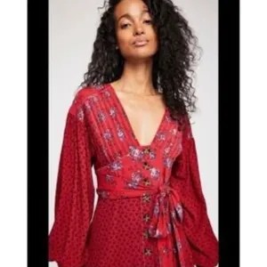 Free People Red Floral Mini Dress Long Sleeve Button Down V-Neck Boho Small thumbnail 10
