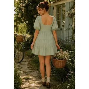 NIA Silvana Green White‎ Gingham Babydoll Dress Tiered Mini Summer Puff Medium thumbnail 6