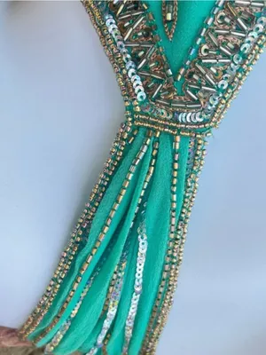 Vintage Stenay Green Gold Beaded Silk Fit & Flare Pleated Midi Dress Size 14 thumbnail 5