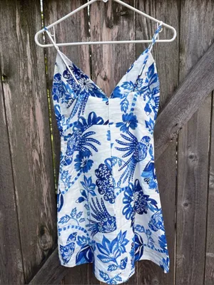 NWT FARM Rio Linen Faux Wrap Floral Birds Dress White Blue Size XS Retail $185 thumbnail 13