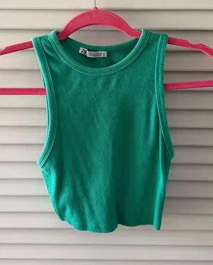 ZARA Tank Top Crop Ribbed Green thumbnail 1