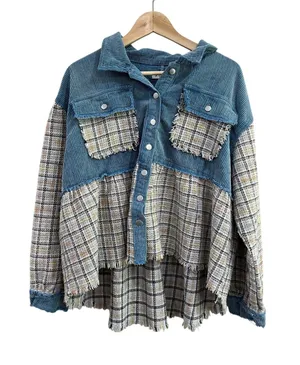 POL Plaid Corduroy Shacket‎ Raw Hem Boho Oversized Button Down Size L thumbnail 1